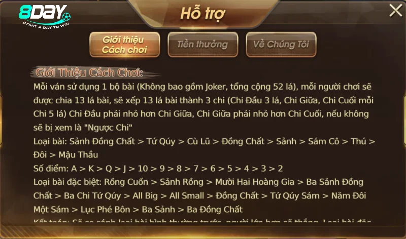 Hướng dẫn chơi Mậu Binh 8Day đổi thưởng cho tân binh